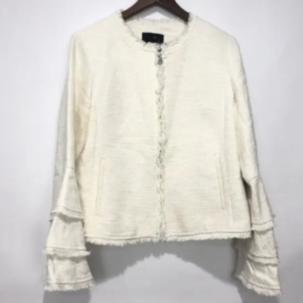 Banana Republic Tweed Frayed Ruffle Sleeve Blazer Ivory Size 8